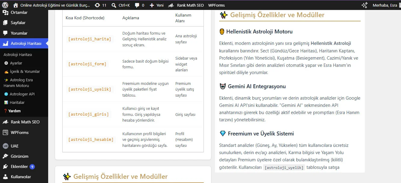 Astroloji Eklentisi Kısakod (Shortcode) ve Yardım Ekranı