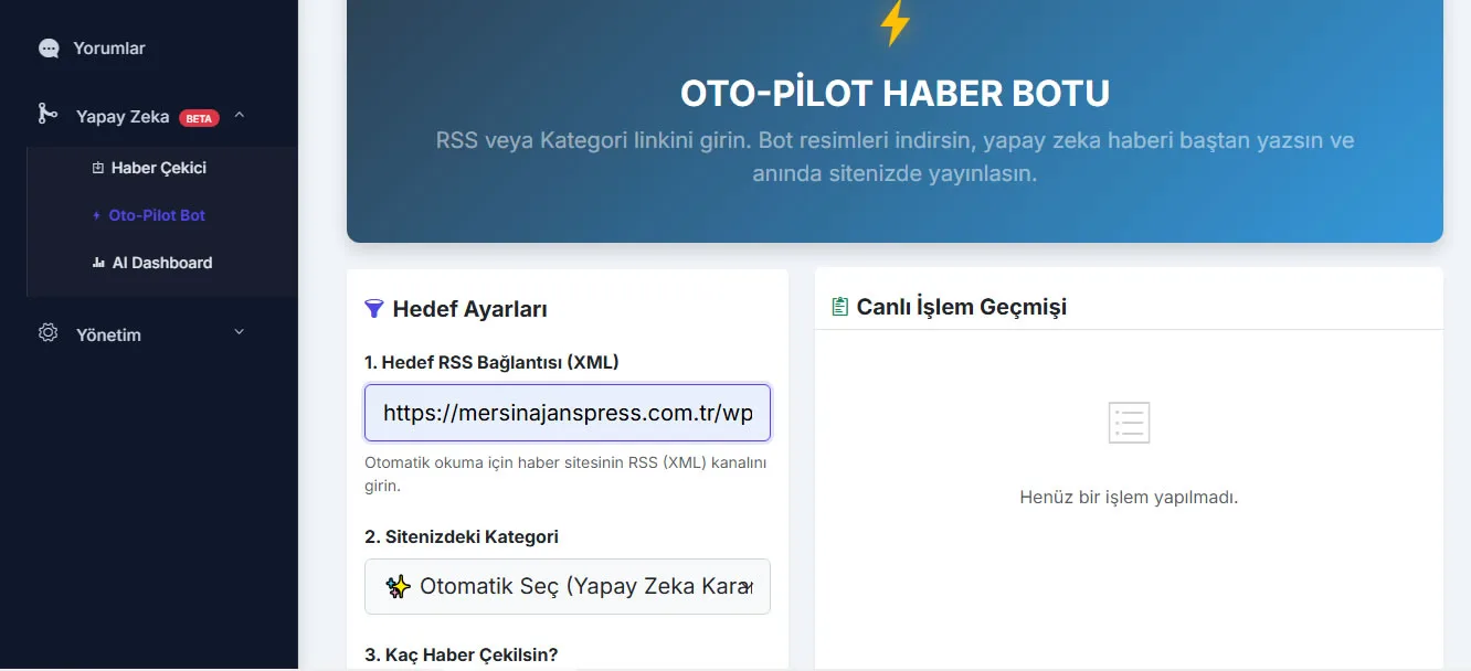 Oto-Pilot Yapay Zeka Haber Botu RSS Entegrasyonu